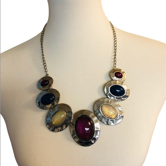 Multi Color and Hammered Silver Statement Necklace NWT - Picture 1 of 5